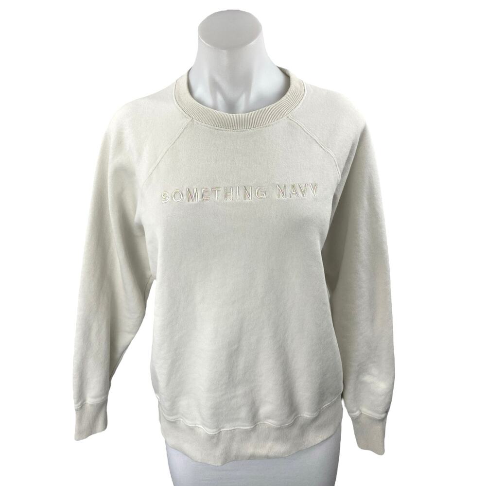 Something Navy Cream White Embroidered Logo Long Sleeve Sweatshirt Top Size XS
